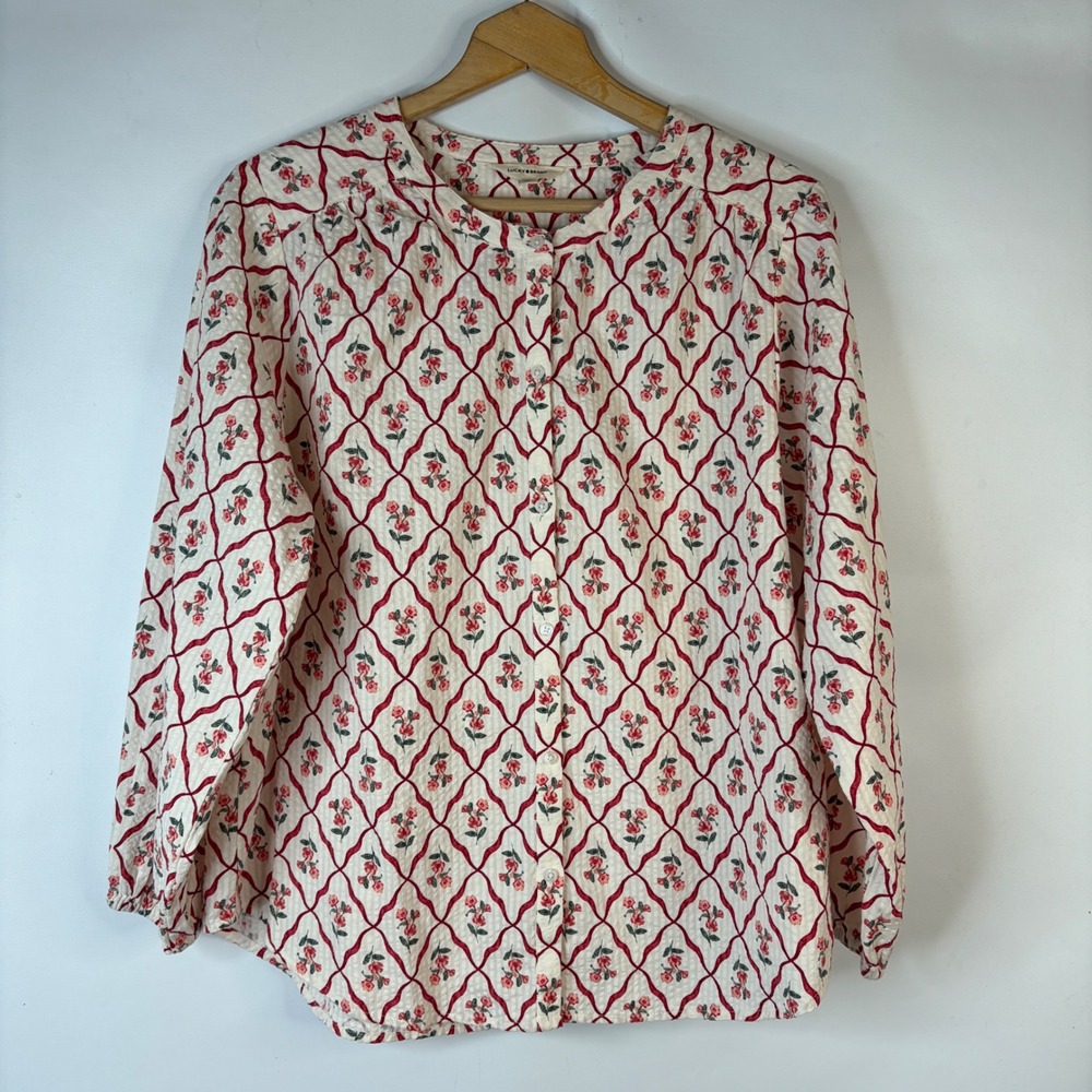 Lucky Brand Blouse Women L Cream Red Floral Lattice Button Down Balloon Sleeve